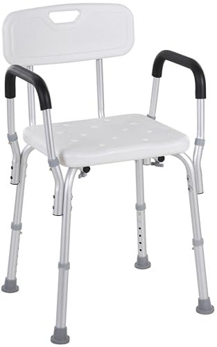 HOMCOM Silla Ducha Personas Mayores Silla para Ducha Taburete de Ducha Antideslizante con Altura Ajustable y Reposabrazos Regulable Carga 136 kg para Ancianos y Discapacitados
