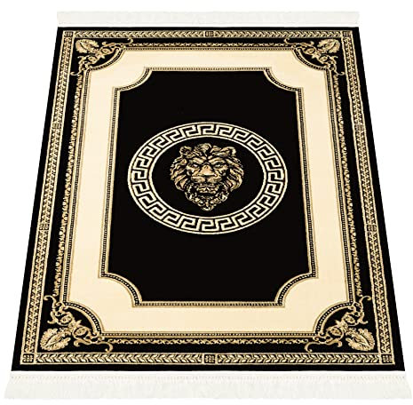 Belle Arti Premium Teppich Wohnzimmer Schlafzimmer Esszimmer Wohnzimmerteppich Kurzflor mit Fransen in Schwarz Gold Designer Mäander Löwen Kopf Muster - modern Rutsch Stop 100% Viskose - 200x280 cm