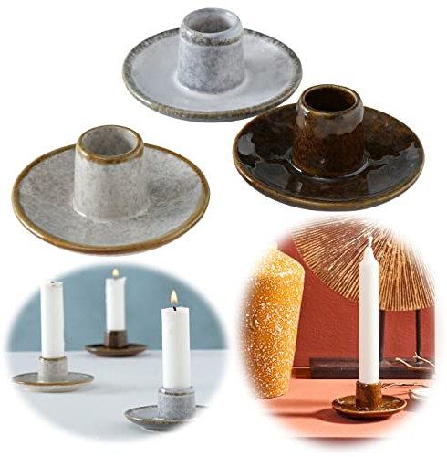 LS-LebenStil 3-Fach Keramik Stabkerzen Kerzenständer 9x6cm Set 3 Stück Braun Grau Mix Rund Kerzenhalter Kerzenleuchter Kerzenschale Spitzkerzen Stabkerzenhalter Kammerleuchte Wohnzimmer Tischdeko