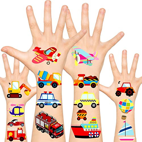 LEADTEAM Tattoo Kinder Jungen Set, 10 Blatt Transport Kindertattoos Aufkleber mit Cars Schiffe Flugzeuge für Junge Mädchen, Kindergeburtstag Mitgebsel Deko Einschulung Geschenke für Kinder Spiele