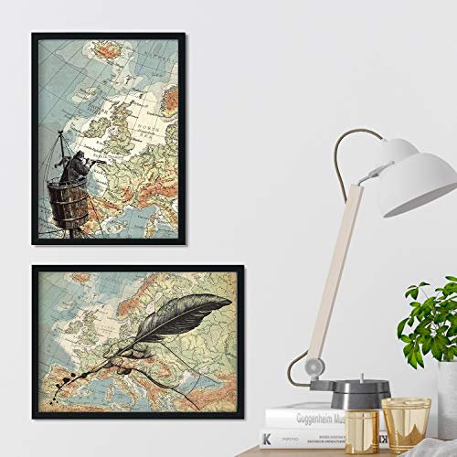 Gerahmtes Poster-Set, Vintage-Landkarten, Illustrationen auf alten Karten, 2 Stück, A4-Poster, zum Einrahmen, Bilder auf Reisen mit Rahmen