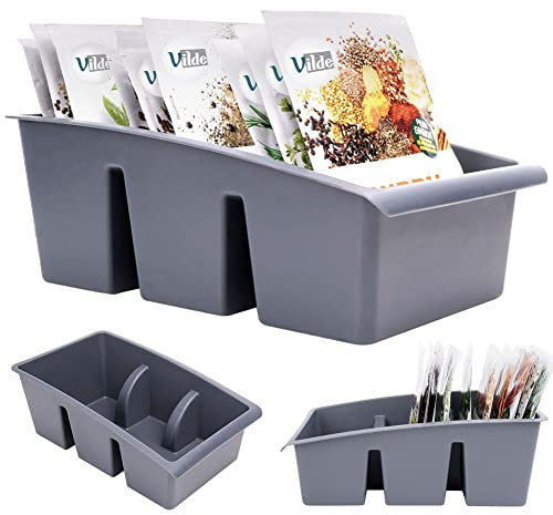 Vilde Küchen Organizer | Aufbewahrungsbox für Gewürze, Tütensuppen | Gewürzsortierer mit 3 Fächern | grau 25x15x9 cm | Made in EU