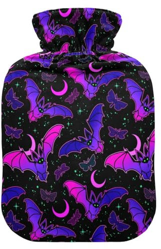 Hot Water Bottle, 2L Large Hot Water Bag with Soft Plush Cover Purple Bat Gothic, Leak Proof Screw Plug Best for Winter Sports Outdoors Back Neck and Leg Cold Muscle Pain and Cramps