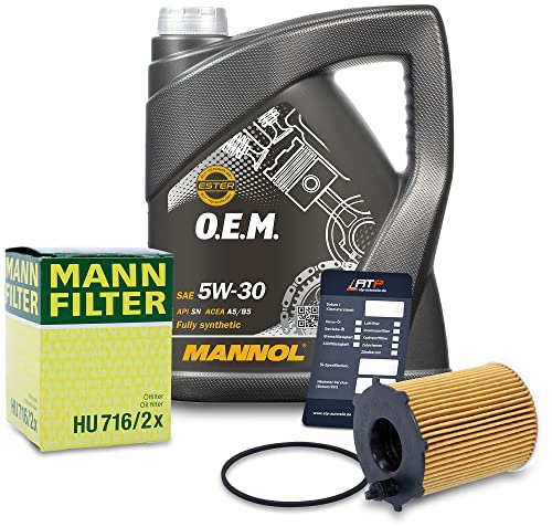 BESTPRICE Inspektionspaket Ölwechsel Filterset mit 1x MANN-FILTER Ölfilter, 1x MANNOL Motoröl 5W-30 5L, 1x Ölwechselanhänger