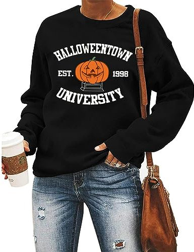 QIANRUO Halloweentown Est 1998 Sweatshirt Frauen Nette Halloween Hexe Kürbis Shirt Herbst Rundhalsausschnitt Pullover Pullover, Schwarz, L