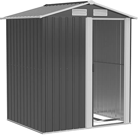 Outsunny Abri de jardin en acier galvanisé, abris à outils avec toit incliné et 4 prises d'air, 152 x 132 x 188 cm, gris et blanc