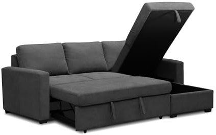 duehome | Sofá Cama 3 Plazas Reversible y con Almacenaje, Sofa con Chaiselong, Modelo Saira, Acabado en Tejido Gris, Medidas: 229 cm (Largo) x 93 cm (Alto) x 93-153 cm (Fondo)