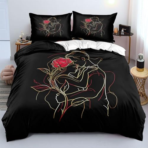 Freyamy Partner Bettwäsche 135x200cm 4teilig Schwarz Rot 3D Rose Bettwäsche für Paare 100% Mikrofaser Pärchen Bettwaren-Sets Liebhaber Bettbezug mit Reißverschluss und 2 Kissenbezug 80x80cm