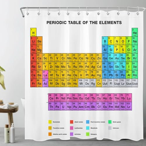 LB Periodensystem der Elemente Duschvorhang 240x175cm(BxH) Weiß Antischimmel Wasserdicht Badezimmer Vorhänge, Polyester Stoff Bad Vorhang mit Haken,Poster für Chemie-Lehramtsstudenten
