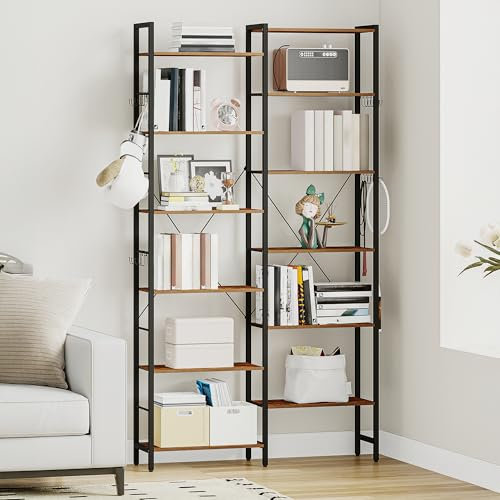 Hzuaneri 6 Ebenen Bücherregale, Eck-Bücherregal, Industrielle Bücherregale, L-förmiges Regal, Bodenstehendes Eckregal, für Schlafzimmer, Wohnzimmer, Arbeitszimmer, Rustikales Braun BC29601B