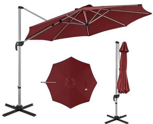 RELAX4LIFE Parasol Déporté avec Pied, Parasol de Jardin Extérieur en Aluminium pour Extérieur avec Rotation à 360° Inclinaison Base Croisée, Parasol Inclinable à Double Toit pour Marché Jardin (Rouge)