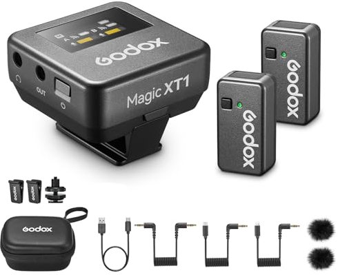 Godox Magic XT1 2.4G Lavalier Mikrofon Wireless mit Rauschunterdrückung Kompatibel mit Kamera/iPhone/USB-C Smartphone, 24bit 16H Batteriezeit Touchscreen Empfänger 2 Sender Mikrofone