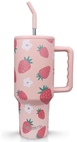 40 oz Cute Strawberry Tumbler with Handle and Straw Lid Strawberry Themed Gifts for Women Girls Double Insulated Cup Travel Coffee Mug