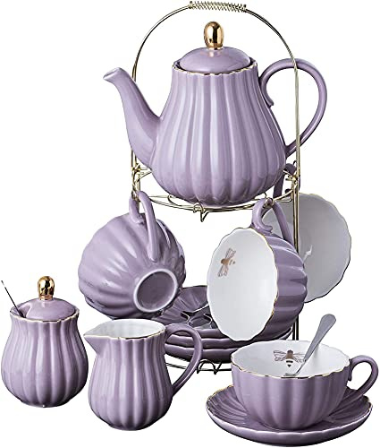 Tea Cup Coffee Mug Euro Style Porcelain Set with Display Stand,Teapot with 4 Teacups and Saucers - Gold Bee Inside The (Purple)