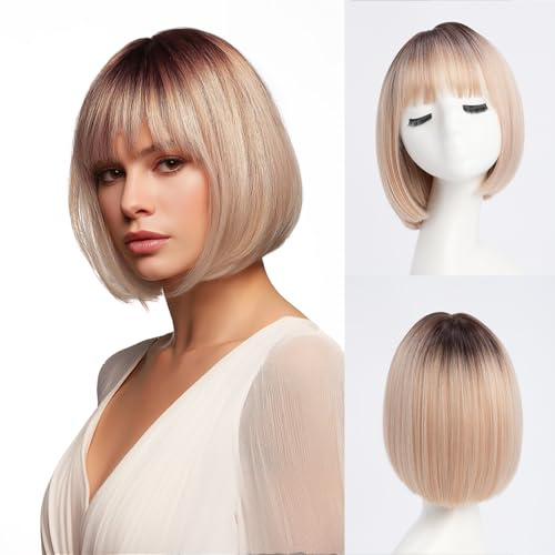 YaissmyLu Kurz Honig Blond Bob Perücke mit Pony 25cm Ombre Blond Gerade Perücke für Frauen Blonde Highlight Synthetisch Haar mit Dunkler Ansatz Cosplay Täglichen Party Gebrauch