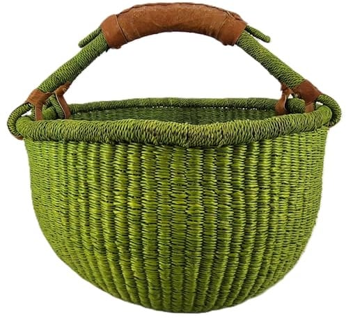 Großer Bolga Rundkorb ca Ø 30 x 30 cm – Original aus Ghana – Handgefertigt – Fair Trade – Einkaufskorb mit Ledergriff Grün