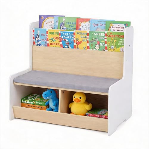 LIFEZEAL Kindersitzbank mit Regal, Kinderregal mit Sitzbank, Bücherregal mit Stauraum, Kinderbank mit Sitzkissen, Spielzeugregal für Kinderzimmer & Spielzimmer, 80 x 48 x 74,5 cm (Weiß)