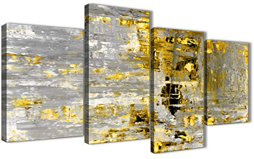 Wallfillers Large Yellow Abstract Painting Wall Art Print Canvas - Multi 4 Piece - 130cm Wide - 4357