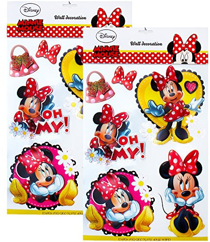 TE-Trend 2 Stück Disney 3D Poster Disney Minni Maus Wandtattoo 6 Stück Wandsticker Wandbilder Mädchen Kinderzimmer Deko Mehrfarbig