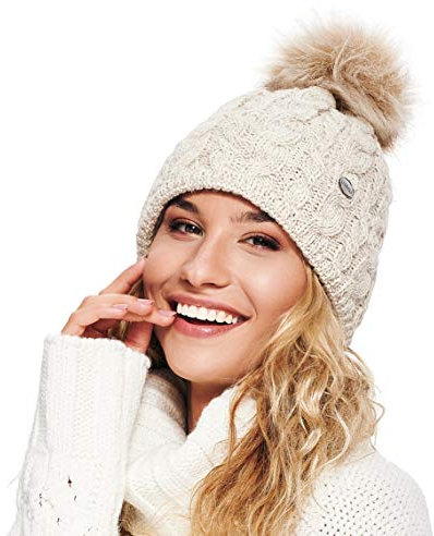 ELIMELI® Damen Winter Mütze warme Strickmütze Wintermütze mit Bommel Slouch Strick Beanie Damen für Winter Bommelmütze Hergestellt in EU Farbenauswahl 15568 (Beige)