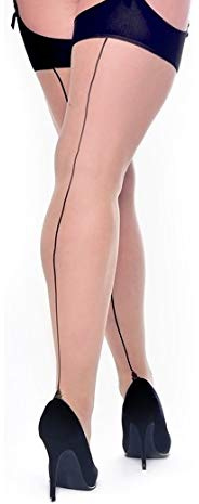 TightWorks Plus Sized Seamed Thigh High Suspender Stockings. Sheer with Black Seam. Vintage Hosiery in Sizes 4-20 [Made in Italy] (16-20)
