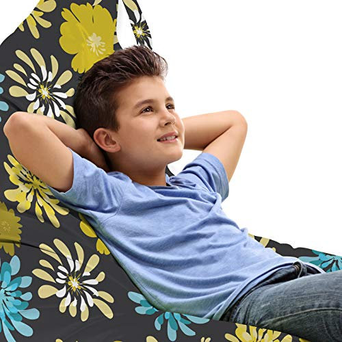ABAKUHAUS Blumen Unicorn Toy Bag Lounger Stuhl, Jasmin Pfingstrose-Entwurf, Hochleistungskuscheltieraufbewahrung mit Griff, Charcoal Grau Gelb