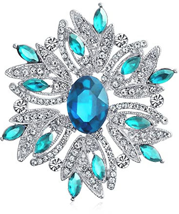 Große Aussage Vintage Stil Kristall Blume Simuliert Aqua Blue Topaz Kristall Brosche Pin Für Frauen Für Mutter Versilbert