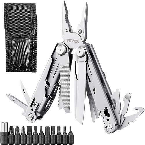 VEVOR Pince Multifonction en Acier Inoxydable 17 en 1 Outil Multifonction de Poche avec Structure Autoverrouillée Clip de Poche et Pochette pour Extérieur Survie Camping Randonnée Réparation Simple