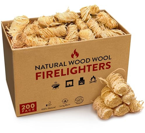 VOYTO Box of 200 Natural Firelighters for BBQ - Firelighters for Pizza Oven, Wood & Log Burner | Wood Wool & Wax Coated Fire lighters for Instant, Safe, and Clean Fire Ignition
