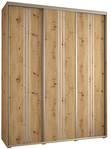 MEBLE KRYSPOL Davos 6 200 Schlafzimmerschrank mit DREI Schiebetüren - Moderner Kleiderschrank mit Kleiderstange und Regalen - 235,2x200x45 cm - Artisan Artisan Silber