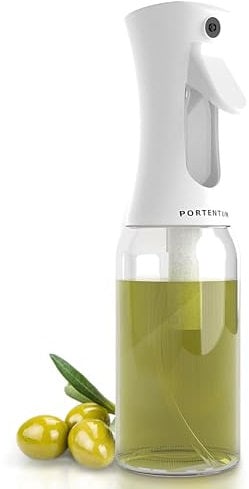 PORTENTUM Pulverizador aceite spray de 300 ml, apto para freidora de aire y multiusos, spray aceite de cocina antigoteo, aceitera con dispensador, accesorios freidora sin aceite (Blanco)
