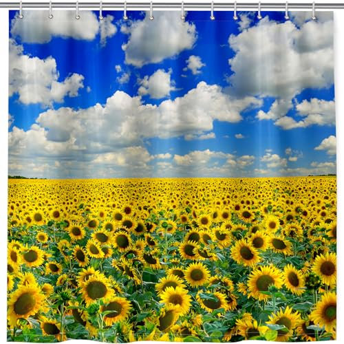 ANHOPE Gelb Sonnenblumen Blume Feld Duschvorhänge Wasserdicht Anti-schimmel Shower Curtains Polyester Stoff Duschvorhang 180 x 180 cm Waschbar Bad Vorhäng für Badzimmer mit 12 Haken