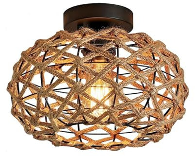 LIGKIN Vintage Deckenleuchte Boho Rattan Hängelampe, E27 Metalle Geflochten Lampenschirm Deckenlampe, Ø25CM Rustikal Industrielle Deckenleuchten für Schlafzimmer Wohnzimmer Korridor