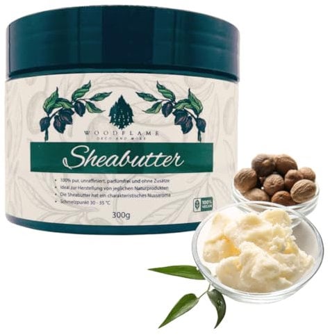 Woodflame Sheabutter, 300g, unraffiniert & kaltgepresst, rein & natürlich, vegan & parfümfrei, Perfekt geeignet für alle Hauttypen, Naturkosmetik und Hautpflege, aus Ghana