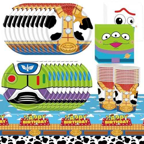 Juego de vajilla de fiesta de cumpleaños de juguete de 61 piezas, suministros de decoración de fiesta para niños y niñas, incluye platos, vasos, pañuelos, mantel (20 invitados)