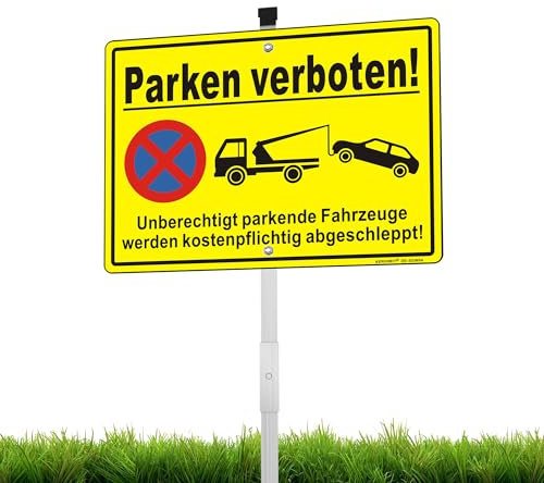 XL Schild Parken Verboten Aluminium Reflektierend 25×35cm mit 70cm Pfosten und Zubehör, UV-beständig, Wasserfest, Rostfrei, mit Bohrlöcher, Gelb