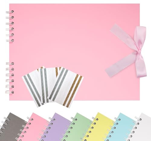 Remowith Album Scrapbook 21,5 x 15 cm con Nastro, Album Fotografico in Carta per Matrimonio e Anniversario, Album Fotografico DIY Familiare con Adesivi per Angoli 40 Pagine Rosa