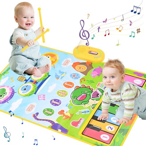 Gaethra Giochi Bambini 1 anno, Tappeto Musicale Neonato 6-12 mesi, Tappeto Musicale 2 in 1 (Pianoforte e Batteria), Giochi Montessori 1 anno, Regali di Compleanno per Ragazzi e Ragazze