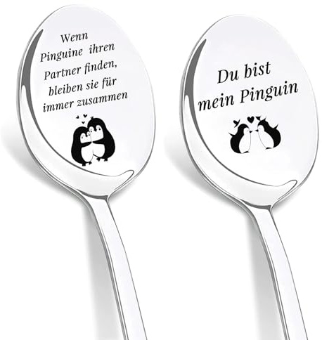 DIKARIYA Hochzeitsgeschenk für Brautpaar Löffel mit Gravur Pinguin Geschenk | Jahrestag Geschenk für Sie Ihn Kaffeelöffel Pinguin Geschenk für Frauen Männer, Hochzeitstag Geschenke für Partner Pärchen