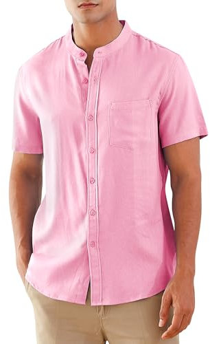 RAISEVERN Chemise Manches Courtes Rose Hommes Col Haut en Lin Loisirs de Plage Été Chemises Cadeaux, L