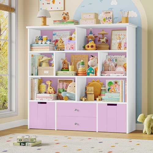 FOREHILL Kinderregal mit 4 Schubladen, Kinderzimmer Möbel, Bücherregal | Kinderregal mit Boxen auf Rollen, Regal Kinderzimmer, Spielzeug Aufbewahrung für Kindergarten, Leseecke 125x33x120cm