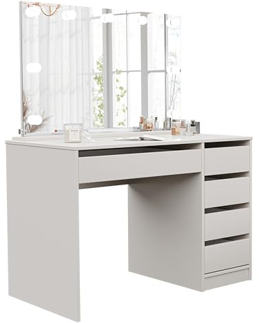 IDOHOME Schminktisch mit LED Spiegel und 5 Schubladen Cashmere | 5 Schubladen, Holz, Mehr Ordnung, LED Spiegel, Kosmetik und Styling, Gleichmäßiges Licht