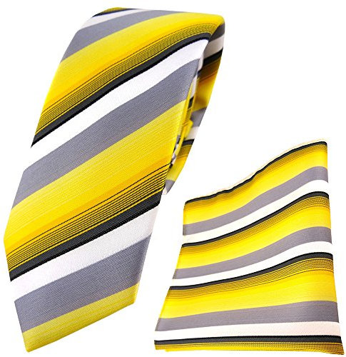 TigerTie - schmale Designer Krawatte Designer Einstecktuch in gelb grau weiss schwarz anthrazit gestreift