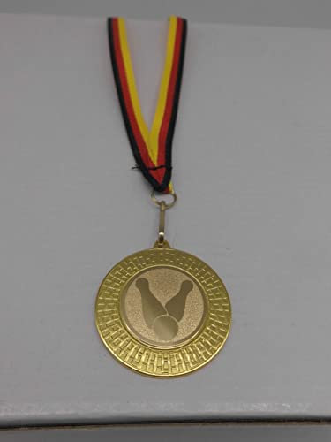 HDmirrorR 10 Stück Medaillen aus Stahl 40mm mit einem Bowling Bowlen Logo inkl. Medaillen Band Farbe: Gold - Turnier - (9285)