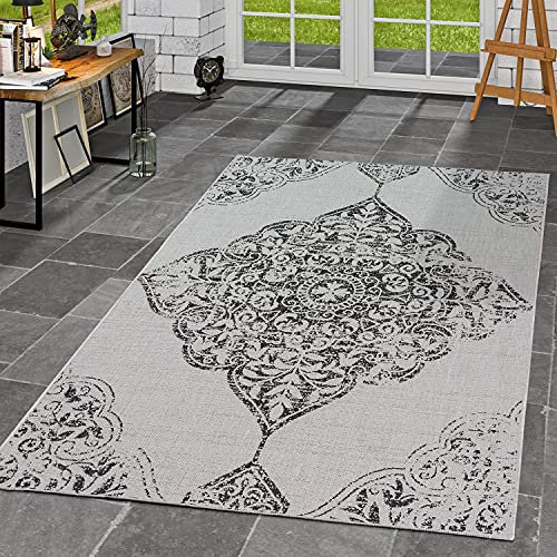 TT Home Innen & Außenteppich Flachflor Teppich Vintage Optik Style Barockdesign In Grau, Größe:120x170 cm