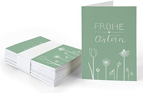 25 Geschenkanhänger - Frohe Ostern - Ostergrüße in Grün Weiß mit Blumen, originelle Mini Osterkarten zum Ostergeschenke Beschriften, edel exklusiv individuell, A7 Recyclingpapier Klappkarten