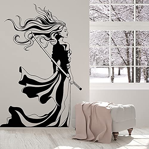 QIANGTOU Vinyl Wandtattoo Schöne Samurai Mädchen Schwert Frau Krieger Aufkleber Japan Kinderzimmer Schlafzimmer Cartoon Krieger Solider Home 75x116cm