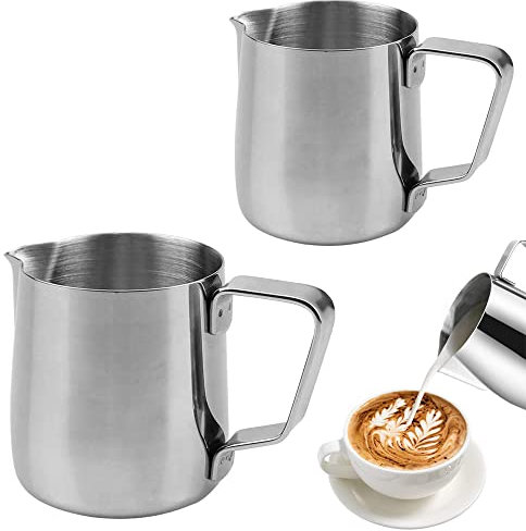 2 Stücke Milchkännchen, Milch Pitcher, Milchkännchen Edelstahl, Edelstahl Milch Aufschäumen Tasse, Milch Aufschäumer Kännchen Tasse, Milchschaum für Cappuccino und Latte Art (200 ml~350 ml)