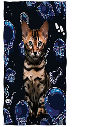 Zomer Strandtuch 70x140cm,Bedrucktes Mikrofaser Badetuch Frottee-Ozelot Katze & Qualle
