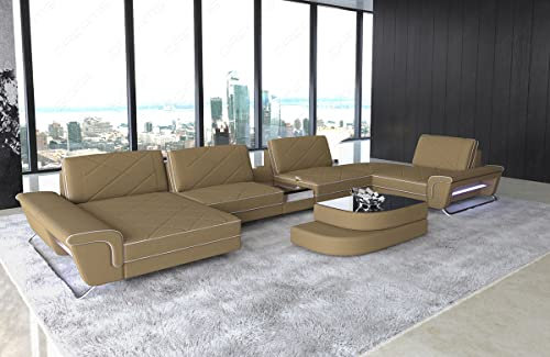 Sofa Dreams Stoff Wohnlandschaft Bari - mit LED Beleuchtung, verstellbare Kopfstützen, Ottomane/Mikrofaser/Ausrichtung wählbar (Ottomane Links, Weiss-Cappuccino)